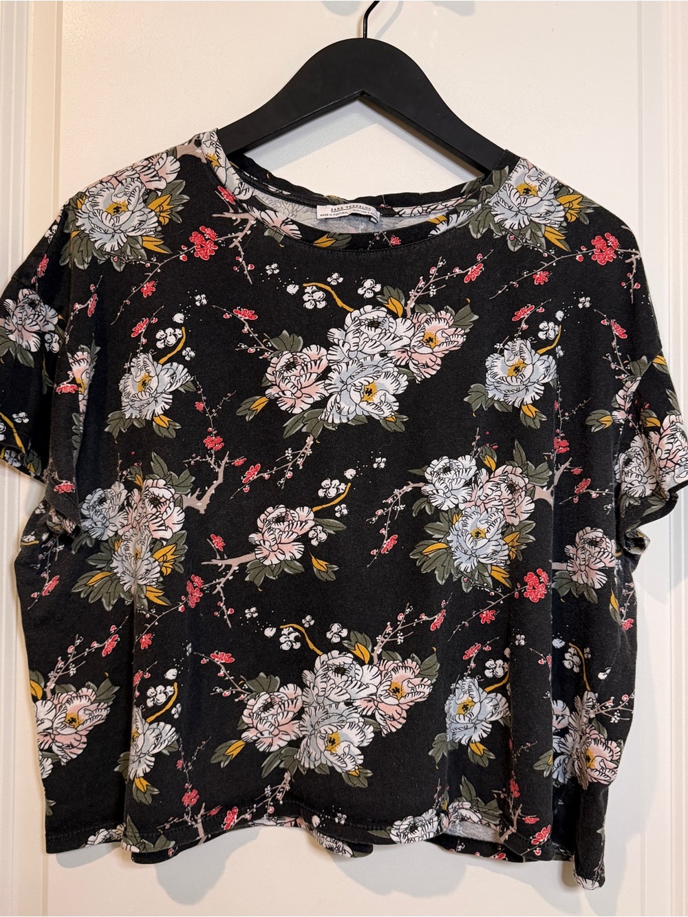 Zara Black Short Sleeve Tee with Pink & White Floral Print
